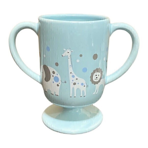 Teleflora MIGI Pedestal Mug Baby Boy Blue Cup Two Handle Lion Elephant Giraffe - Picture 1 of 13